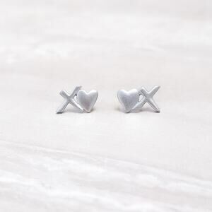 Kiss and Heart Stud Earrings Silver Tone
